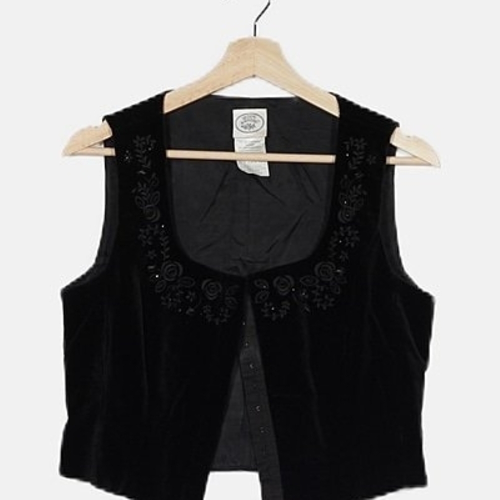 Vintage Laura Ashley Black Velvet Embroidered Scoop-Neck Vest